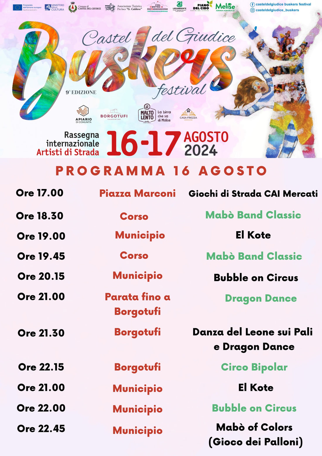 Programma Castel del Giudice Buskers Festival 2024 -16 agosto